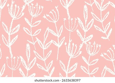 Seamless floral pattern, hand drawn flower print with sketch wild plants. Delicate botanical design in two colors, silhouettes of simple flowers, large leaves on pink field. Vector illustration.