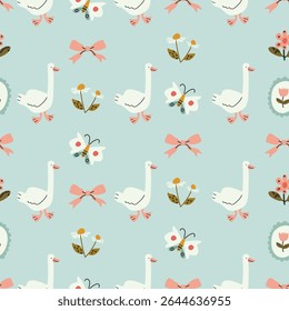Seamless floral pattern with hand drawn bows, flowers, and goose. Spring summer print in vintage cottagecore style. Soft pastel background perfect for fabric, textile, wallpaper, wrapping paper, brand
