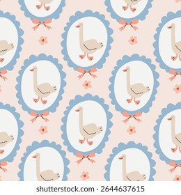 Seamless floral pattern with hand drawn bows, flowers, and goose. Spring summer print in vintage cottagecore style. Soft pastel background perfect for fabric, textile, wallpaper, wrapping paper, brand