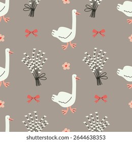 Seamless floral pattern with hand drawn bows, flowers, and goose. Spring summer print in vintage cottagecore style. Soft pastel background perfect for fabric, textile, wallpaper, wrapping paper, brand