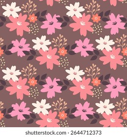 Seamless floral pattern with hand drawn colorful flowers and dark leaves on brown background. Perfect for fabric design, gift wrap, stationery, digital projects with a cozy autumn atmosphere.