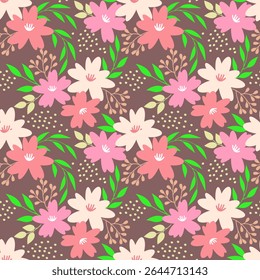 Padrão floral sem costura com mão desenhada rosa e coral flores coloridas com folhas verdes e elementos botânicos em fundo marrom. Perfeito para têxteis, artigos de papelaria, embrulho de presente e projetos digitais.