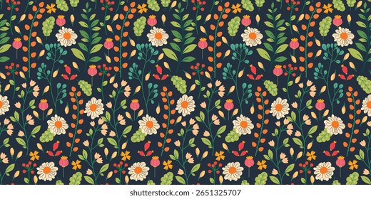 Seamless Floral Pattern with Hand Drawn Colorful Wildflowers, Leaves, and Berries on a Green Background. Botanical backdrop perfect for print, wrapping paper, cards, banners, web.