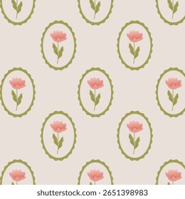 Patrón floral sin fisuras con flores rosadas dibujadas a mano en marcos ovalados. Elegante estilo de decoración de pared vintage. Ilustración plana de Vector para textil, Fondo de pantalla, papelería y diseño de envoltura.