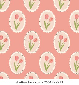 Seamless floral pattern with hand drawn pink flowers in oval frames. Elegant vintage wall decor style. Vector flat illustration for textile, wallpaper, stationery, and wrapping design.