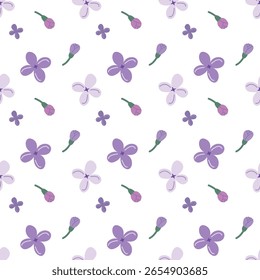 Seamless floral pattern with hand drawn lilac and pink flowers. Cute and minimal design perfect for fabric, wrapping, and spring-themed decor.