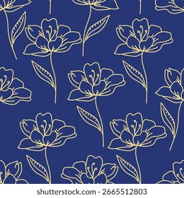 Seamless floral pattern with hand drawn art abstract autumn flowers and leaf background elements in green, brown and black colors
