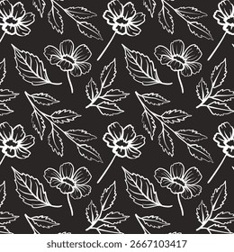 Seamless floral pattern with hand drawn white flowers and leaves on black background, decorative botanical design for wallpaper and fabric.