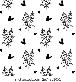 Patrón floral sin fisuras, dibujado a mano. Tinta negra y marcador, ilustración lineal de plantas naturales. Textura botánica elegante, fondo de Vector para tarjetas, invitaciones, embalaje, diseño textil.