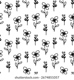 Patrón floral sin fisuras, dibujado a mano. Tinta negra y marcador, ilustración lineal de plantas naturales. Textura botánica elegante, fondo de Vector para tarjetas, invitaciones, embalaje, diseño textil.