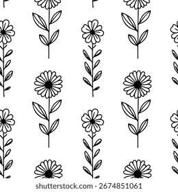 Patrón floral sin fisuras, dibujado a mano. Tinta negra y marcador, ilustración lineal de plantas naturales. Textura botánica elegante, fondo de Vector para tarjetas, invitaciones, embalaje, diseño textil.