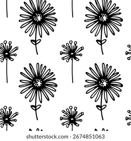 Patrón floral sin fisuras, dibujado a mano. Tinta negra y marcador, ilustración lineal de plantas naturales. Textura botánica elegante, fondo de Vector para tarjetas, invitaciones, embalaje, diseño textil.