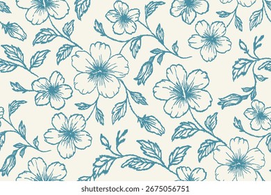Padrão floral sem costura com flores azuis desenhadas à mão e folhas sobre fundo claro, design botânico elegante para têxtil, tecido, papel de parede, papel de embrulho, moda, interior e decoração.