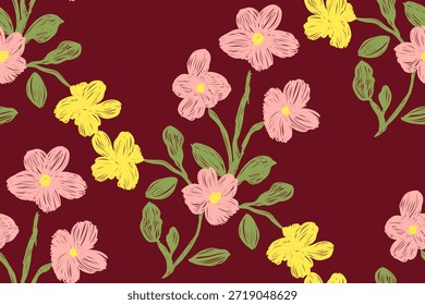 Nahtloses Blumenmuster mit handgezeichneten rosa und gelben Blumen im modernen Folklorestil auf bordeauxrotem Hintergrund, künstlerisches Repetierdesign für Stofftapeten.