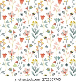 Padrão floral contínuo de flores desenhadas à mão em estilo lápis, giz. Texturizados elementos botânicos folclóricos dispostos em design vetorial para embalagem, branding, papelaria, impressões de tecido, papel de embrulho