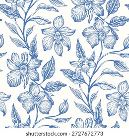 Nahtloses Blumenmuster mit handgezeichneten blauen Orchideenblumen und Blättern im botanischen Vintage-Gravierstil auf weißem Hintergrund. Perfekt für Stoffe, Textilien, Tapeten, Einwickelpapier, Schreibwaren, Oberflächendesign und Print-on-Demand-Produkte.