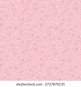 Patrón floral sin fisuras con flores y hojas dibujadas a mano. Fondo rosa suave y estilo de línea simple. Perfecto para la tela, el Fondo de pantalla, el papel de embalaje, el embalaje y los fondos.