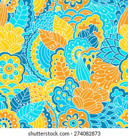 Seamless floral pattern with hand drawn elements. Colorful background. Pattern can be used for fabric, wallpaper or wrapping.