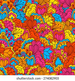 Seamless floral pattern with hand drawn elements. Colorful background. Pattern can be used for fabric, wallpaper or wrapping.