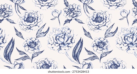 Seamless floral pattern with hand drawn peony flowers and leaves in blue engraving style on a light background. Elegant botanical design ideal for textile prints, wallpaper, wrapping paper, packaging