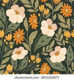 Seamless floral pattern, hand drawn ditsy print of large wild plants on green field. Cute botanical design of yellow flowers, leaves, foliage, herbs in dense abstract composition. Vector illustration.