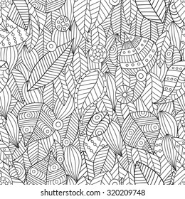 Seamless floral pattern. Hand drawn texture with leaves. Gorgeous endless pattern. Ornate floral background can be used for wallpaper, pattern fills, web page background, surface textures.
