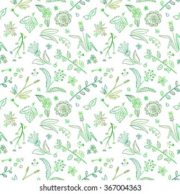 Seamless floral pattern in hand drawn style. Endless design, background, green and white colors.