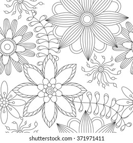 Seamless floral pattern. Hand drawn texture with fantasy flowers. Black and white vector illustration. Coloring page in zentangle style for adult and older children