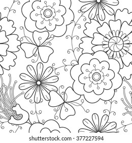Patrón floral sin fisuras. Textura dibujada a mano con flores monocromas. Ilustración vectorial en blanco y negro. Dibujo para colorear en estilo zentangle para adulto