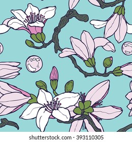 Seamless floral pattern with hand drawn magnolia in vector