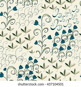 Seamless floral pattern, hand drawn doodle style, blue and beige colors.