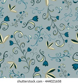 Seamless floral pattern, hand drawn doodle style, blue and beige colors, blue background.