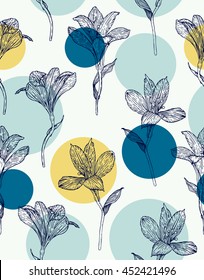 Seamless floral pattern. Pattern with hand drawn flowers. Alstroemeria. Seamless pattern with hand drawn plants. Vector. Herbal background.  Botanical illustration. 