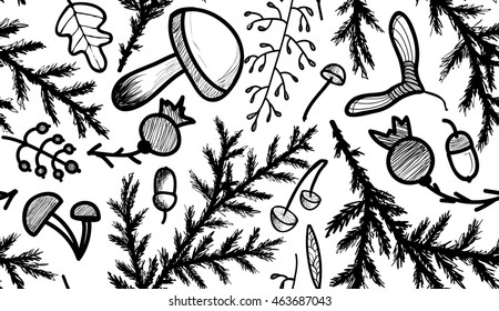 Seamless floral pattern with hand drawn branches, leaves and flowers. Black and white floral background. Vector