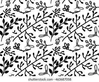 Seamless floral pattern with hand drawn branches, leaves and flowers. Black and white floral background. Vector