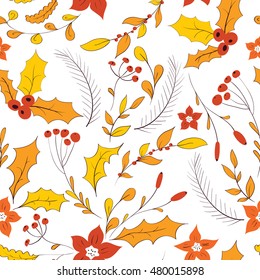 Seamless floral pattern. Hand drawn autumn garden with leaves, berries and branches