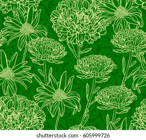 Seamless floral pattern with hand drawn flowers (outlines): peony, asters and chamomiles. Greenery design, spring background. Wallpaper, cover etc.