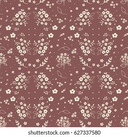 Seamless floral pattern hand drawn small white silhouette flowers in bouquet twigs berries on dark red background, fabric, scrapbooking, wallpaper
