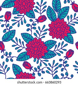 Seamless floral pattern/ Hand drawn flowers, roses and leaves illustrations/ Background design