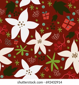 Seamless floral pattern of hand drawn poinsettia, berries, leafs, snowflakes. Winter/Fall/Merry Christmas Collection. Great For backgrounds, wrapping paper, prints, wallpaper, cards, textiles, etc