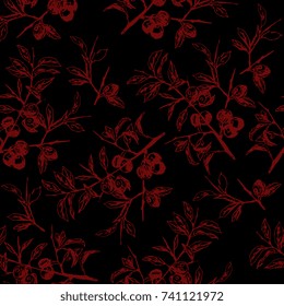 Seamless floral pattern with hand drawn boughs of blackthorn shrub. Red linear silhouettes on black background.