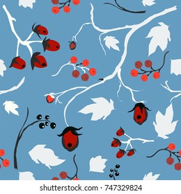 Seamless floral pattern of hand drawn brier, berries, leafs, snowflakes. Winter/Fall/Merry Christmas Collection. Great For backgrounds, wrapping paper, prints, wallpaper, cards, textiles, etc
