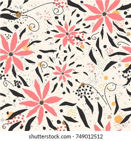Seamless Floral Pattern with hand drawn pink flowers, pastel pink and black on white background with dots and splatters. Great for wall art. fabric, cards, swatches, textile, etc. Vector Illustration