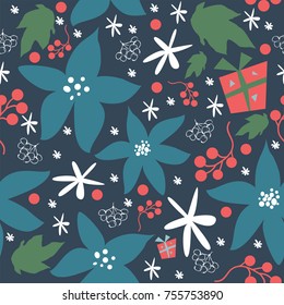 Seamless floral pattern of hand drawn poinsettia, berries, leafs, snowflakes. Winter/Fall/Merry Christmas Collection. Great For backgrounds, wrapping paper, prints, wallpaper, cards, textiles, etc