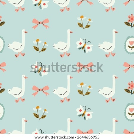 Seamless floral pattern with hand drawn bows, flowers, and goose. Spring summer print in vintage cottagecore style. Soft pastel background perfect for fabric, textile, wallpaper, wrapping paper, brand