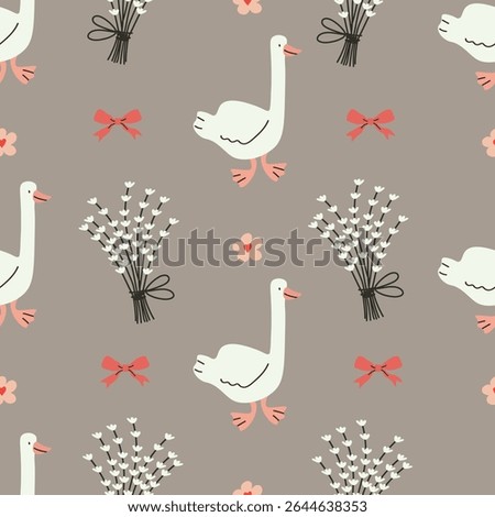 Seamless floral pattern with hand drawn bows, flowers, and goose. Spring summer print in vintage cottagecore style. Soft pastel background perfect for fabric, textile, wallpaper, wrapping paper, brand