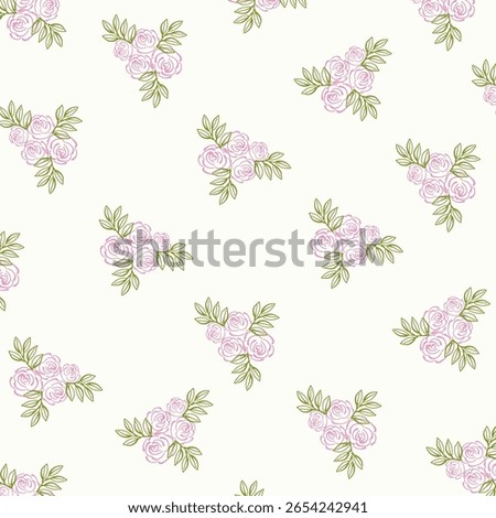 Seamless floral pattern with hand drawn pink rose bouquets and green leaves. Romantic vintage style flower clusters for botanical wallpaper, textile design, wrapping paper, wedding decor.
