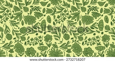 Seamless floral pattern with hand drawn green leaves and flowers. Hand drawn vibrant floral pattern perfect for vintage fabric, eco prints, or natural-themed decor