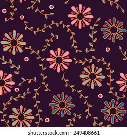 Seamless floral pattern. Hand painted background with leaves and flowers.