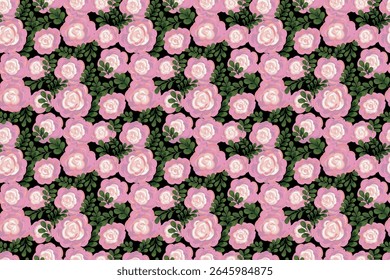 Padrão floral sem costura com rosas cor-de-rosa pintadas à mão e folhas verdes exuberantes em um fundo preto. Estilo de pincelada artística vetorial, ideal para tecido, papel de parede, papel de embrulho e decoração